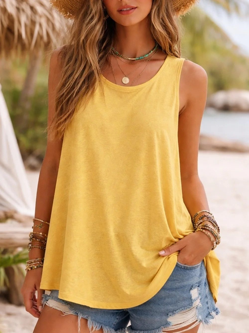 Free People Beach Mustard Yellow Hemp Blend Pleated Back Tank Top